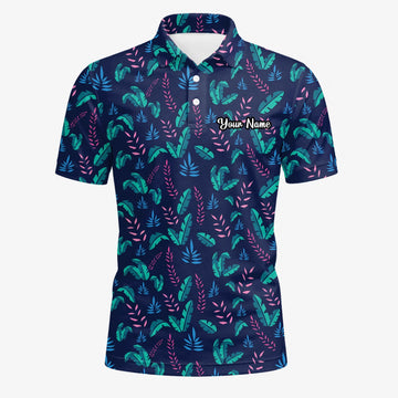Personalised Navy Teal Tropical Leaf Golf Polo Shirt For Men S8145