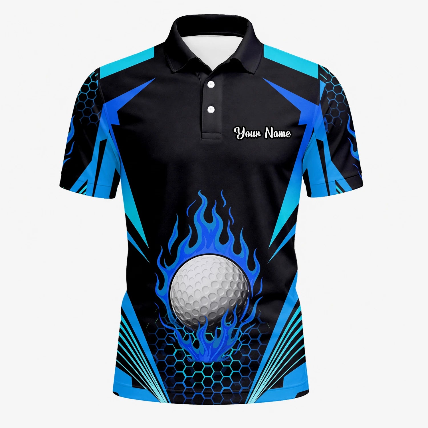Personalised Black Blue Flaming Golf Ball Golf Polo Shirt For Men Y8576