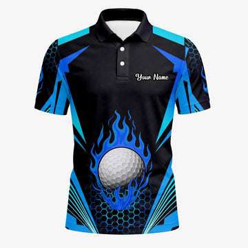Personalised Black Blue Flaming Golf Ball Golf Polo Shirt For Men Y8576