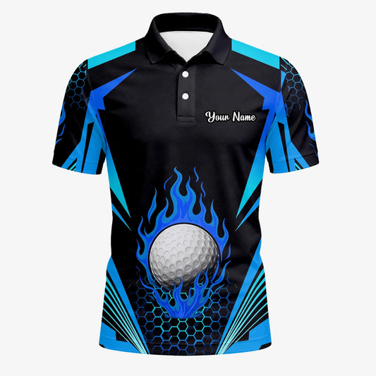 Personalised Black Blue Flaming Golf Ball Golf Polo Shirt For Men Y8576