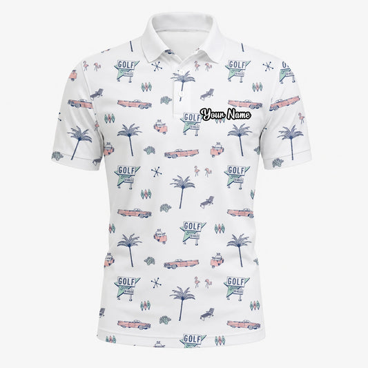 Personalised White Golf Holiday Doodle Golf Polo Shirt For Men Z8344
