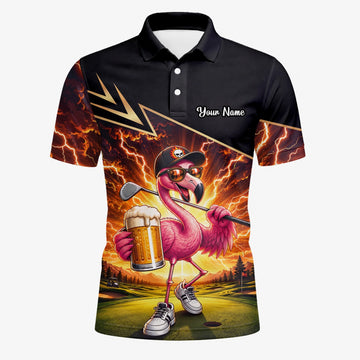 Personalised Black Orange Flamingo Beer Golfer Lightning Golf Polo Shirt For Men E3673