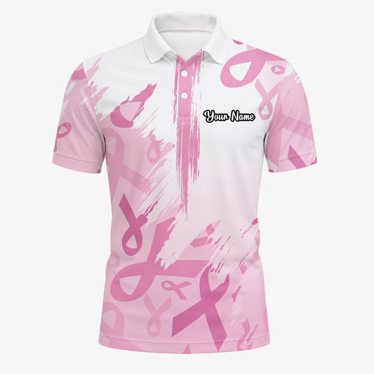 Personalised White Pink Breast Cancer Awareness Ribbon Brush Stroke Golf Polo Shirt For Men U4702
