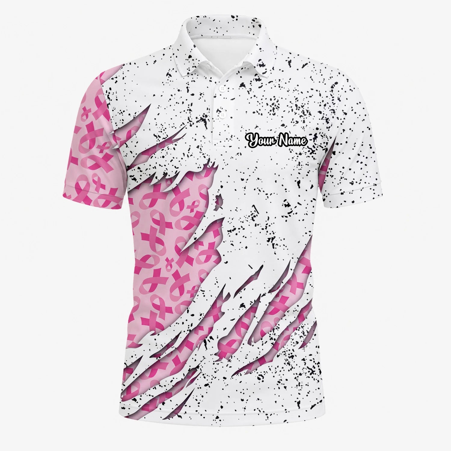 Personalised White Pink Breast Cancer Ribbon Torn Golf Polo Shirt For Men B7190