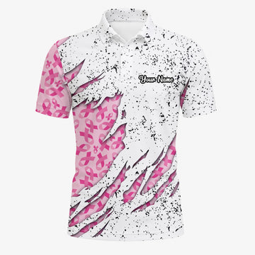 Personalised White Pink Breast Cancer Ribbon Torn Golf Polo Shirt For Men B7190