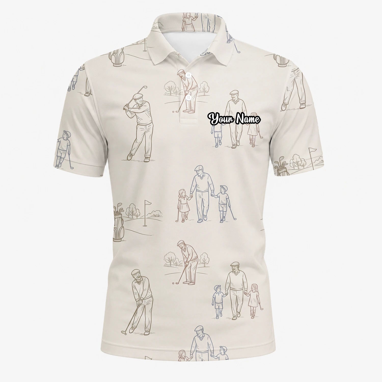 Personalised Beige Vintage Golfer Sketch Golf Polo Shirt For Men D6556