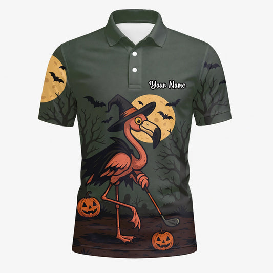 Personalised Olive Halloween Flamingo Witch Golfer Pumpkin Golf Polo Shirt For Men X5811