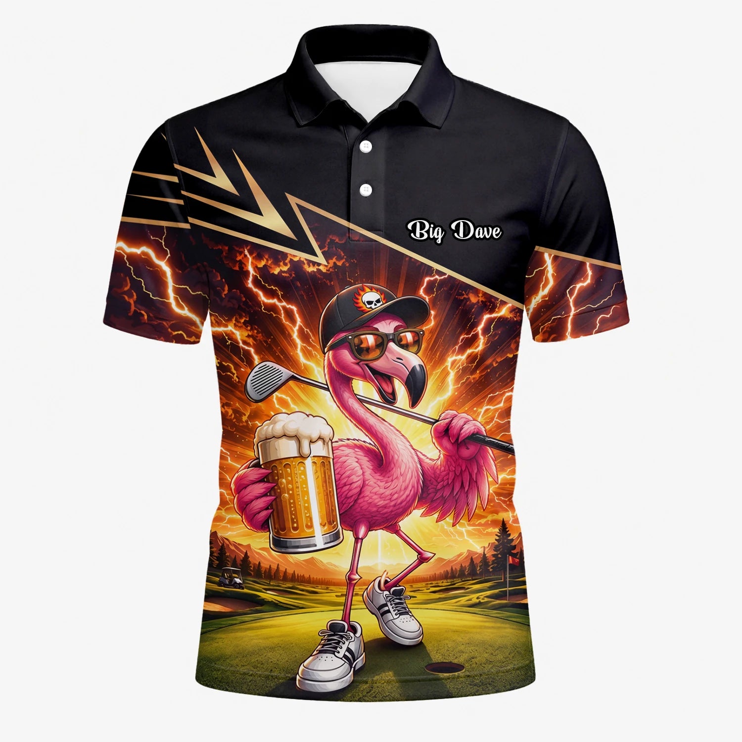 Personalised Black Orange Flamingo Beer Golfer Lightning Golf Polo Shirt For Men E3673