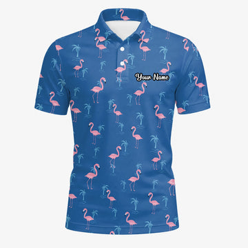 Personalised Blue Pink Flamingo Palm Golf Polo Shirt For Men C8068
