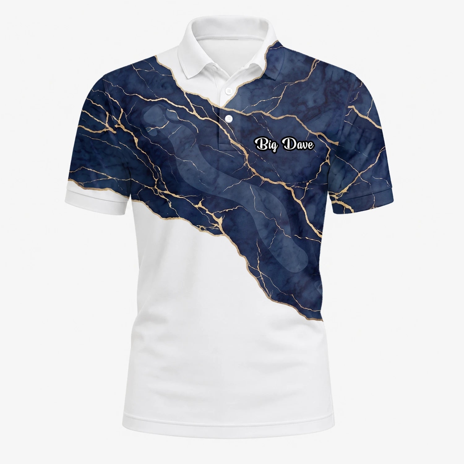 Personalised White Navy Marble Gold Vein Golf Polo Shirt For Men B4939