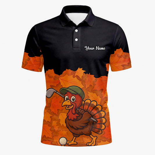 Personalised Black Orange Thanksgiving Turkey Golfer Golf Polo Shirt For Men W0964