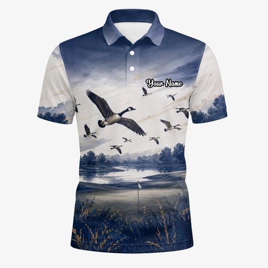 Personalised Dark Navy Watercolour Canada Geese Golf Polo Shirt For Men L8594