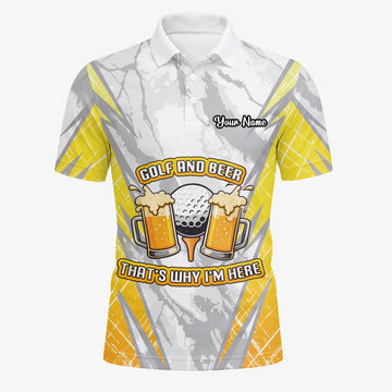 Personalised Grey Yellow Golf And Beer Slogan Golf Polo Shirt For Men P2319
