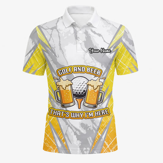Personalised Grey Yellow Golf And Beer Slogan Golf Polo Shirt For Men P2319