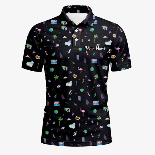 Personalised Black Holiday Travel Doodle Golf Polo Shirt For Men V7883