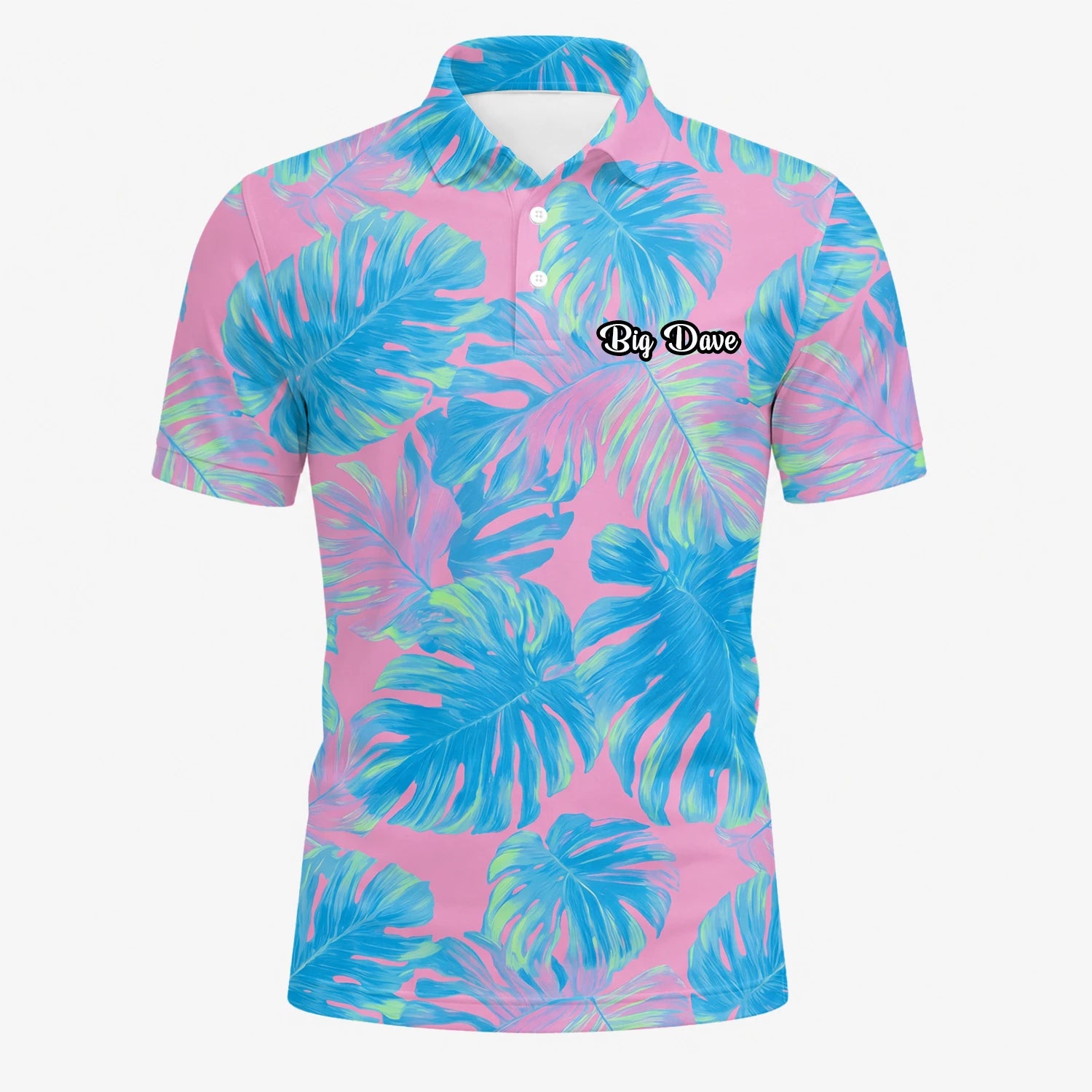 Personalised Pink Turquoise Tropical Monstera Leaf Golf Polo Shirt For Men C8385