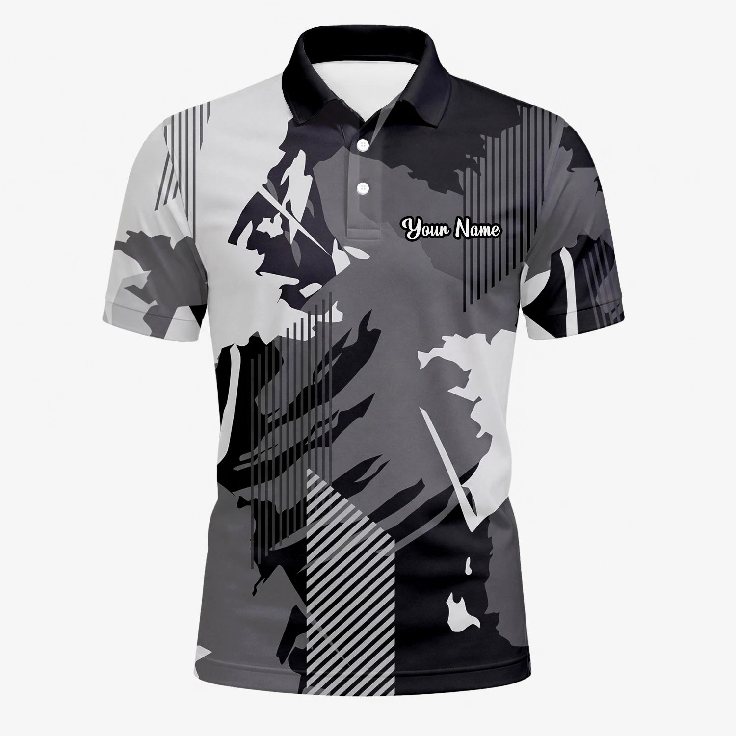 Personalised Grey Black Abstract Brush Stripe Golf Polo Shirt For Men I7293