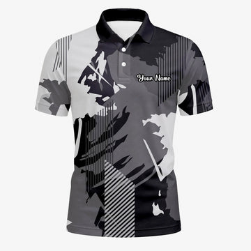 Personalised Grey Black Abstract Brush Stripe Golf Polo Shirt For Men I7293