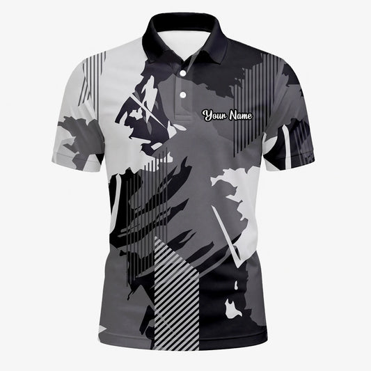 Personalised Grey Black Abstract Brush Stripe Golf Polo Shirt For Men I7293