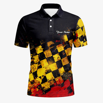Personalised Black Yellow Red Grunge Checkerboard Golf Polo Shirt For Men R0396