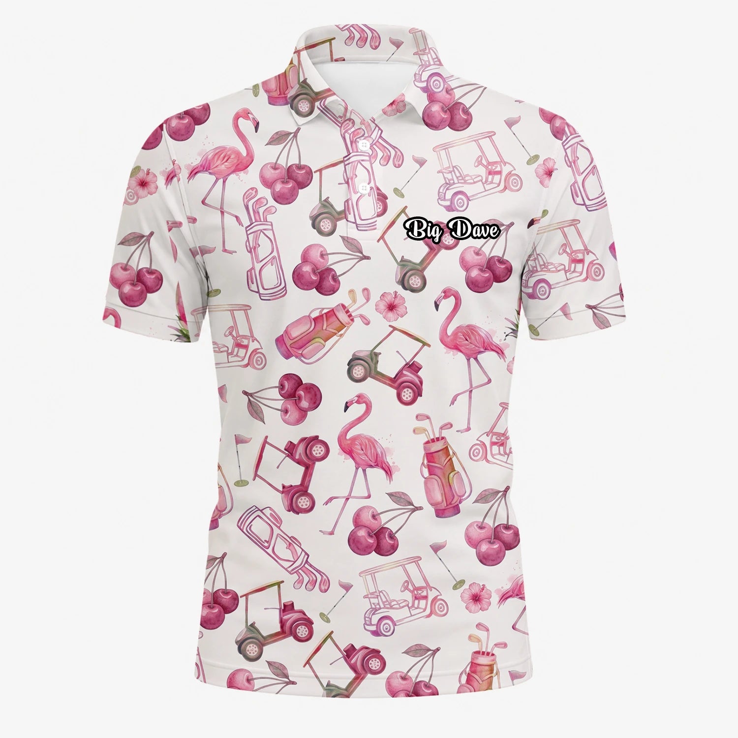 Personalised Cream Pink Flamingo Golf Cart Cocktail Golf Polo Shirt For Men T9296