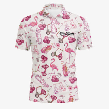 Personalised Cream Pink Flamingo Golf Cart Cocktail Golf Polo Shirt For Men T9296