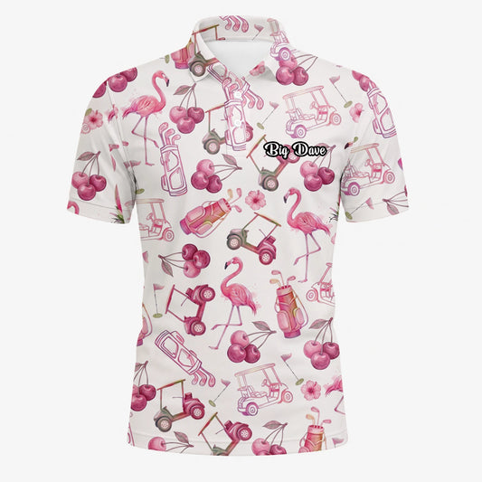 Personalised Cream Pink Flamingo Golf Cart Cocktail Golf Polo Shirt For Men T9296