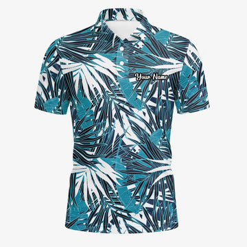 Personalised Teal Black White Palm Leaf Golf Polo Shirt For Men S8543