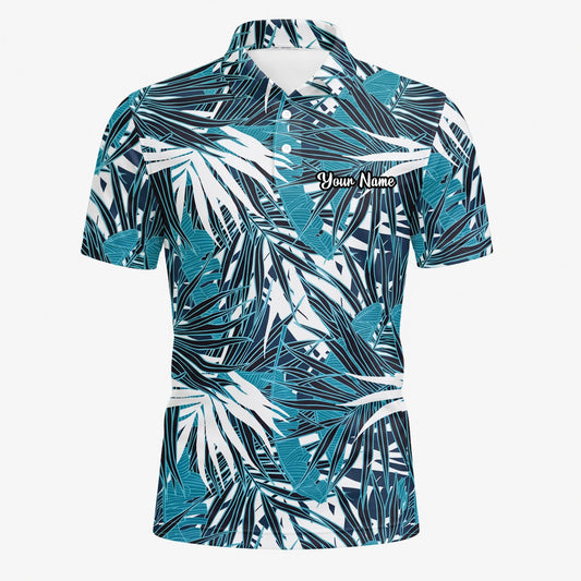 Personalised Teal Black White Palm Leaf Golf Polo Shirt For Men S8543