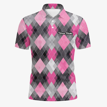 Personalised Pink Grey Argyle Golf Polo Shirt For Men Z9376