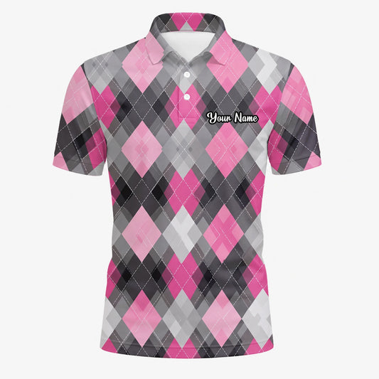 Personalised Pink Grey Argyle Golf Polo Shirt For Men Z9376