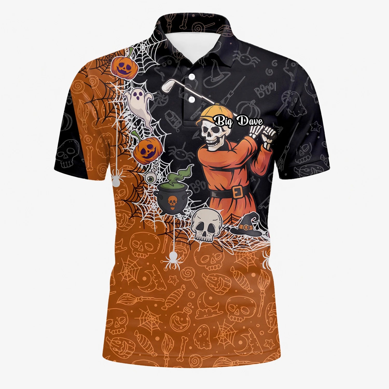 Personalised Black Orange Halloween Skeleton Golfer Web Golf Polo Shirt For Men Y5076