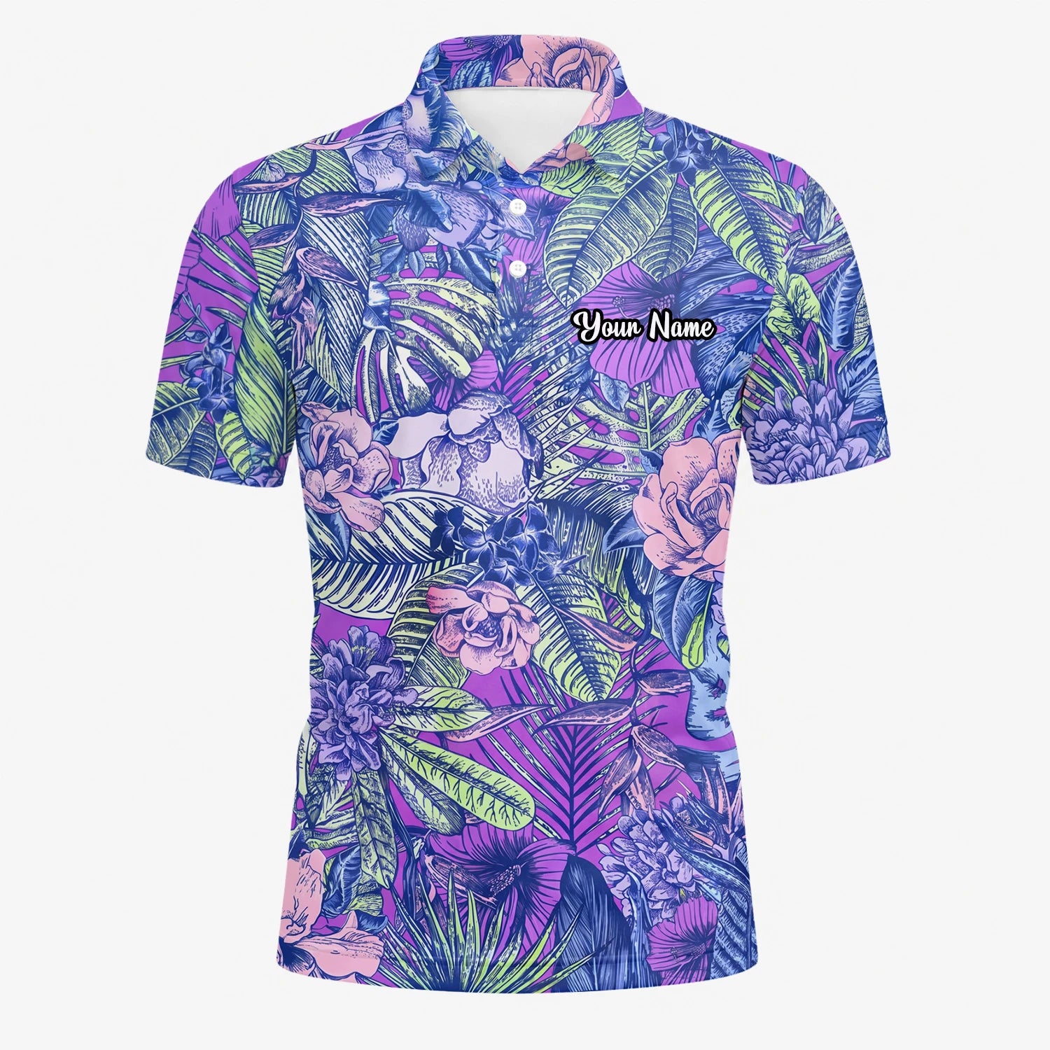 Personalised Purple Blue Tropical Floral Leaf Golf Polo Shirt For Men B8037