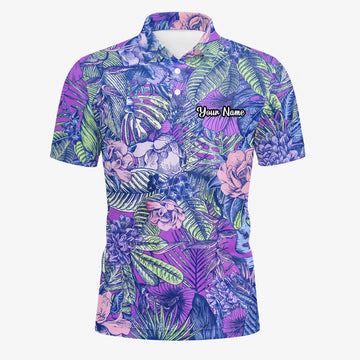 Personalised Purple Blue Tropical Floral Leaf Golf Polo Shirt For Men B8037