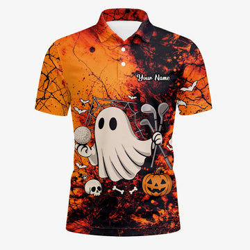 Personalised Orange Halloween Ghost Golfer Golf Polo Shirt For Men M0695