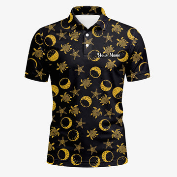 Personalised Black Gold Sea Turtle Moon Star Golf Polo Shirt For Men V4483