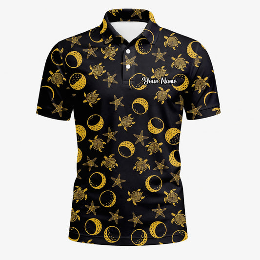 Personalised Black Gold Sea Turtle Moon Star Golf Polo Shirt For Men V4483