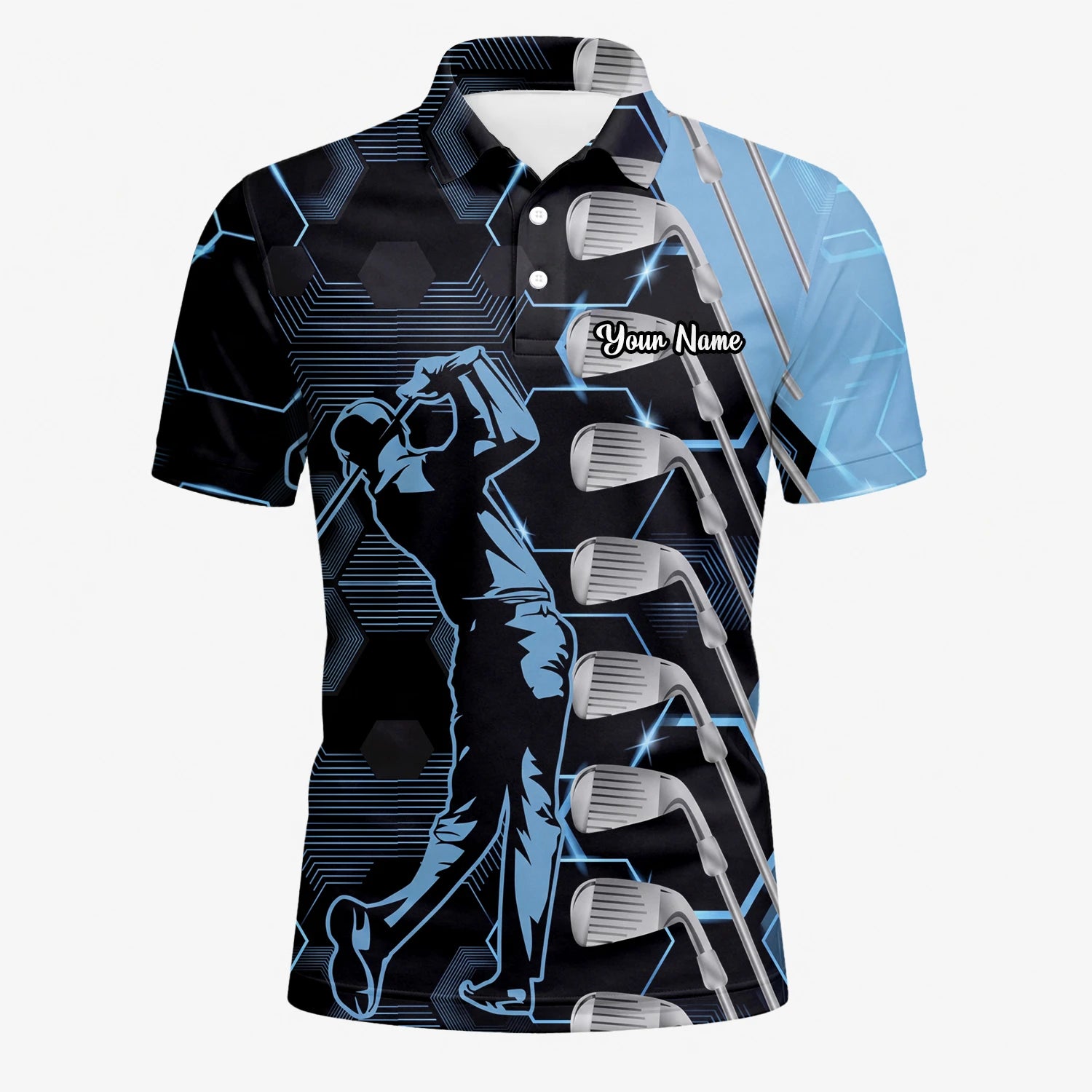 Personalised Black Blue Golfer Golf Club Graphic Golf Polo Shirt For Men J5818