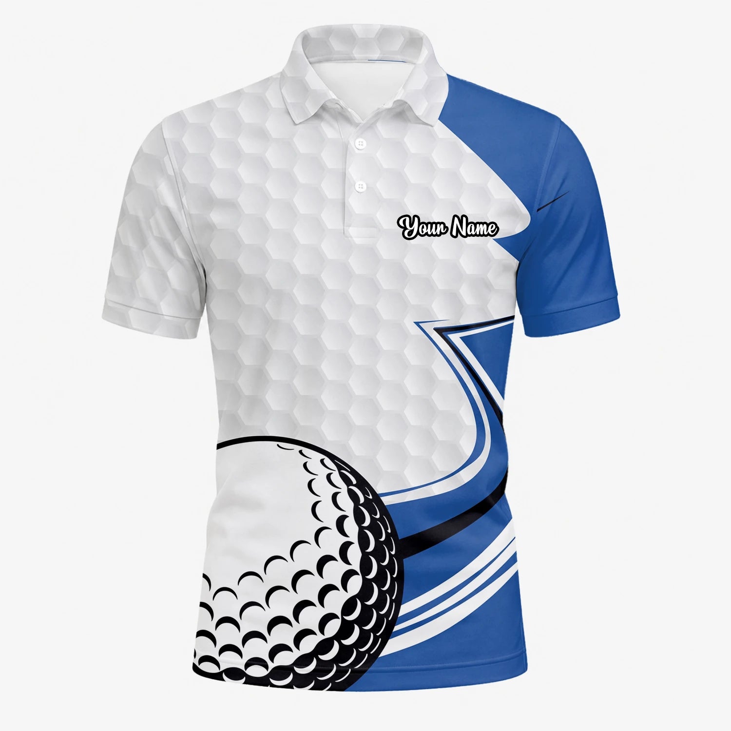 Personalised White Blue Golf Ball Hexagon Golf Polo Shirt For Men S7973