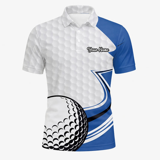Personalised White Blue Golf Ball Hexagon Golf Polo Shirt For Men S7973