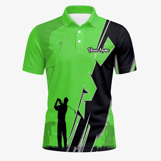 Personalised Lime Green Golfer Silhouette Lightning Golf Polo Shirt For Men V5316