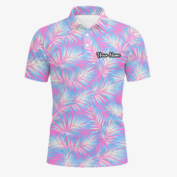 Personalised Pink Blue Palm Leaf Golf Polo Shirt For Men F1458