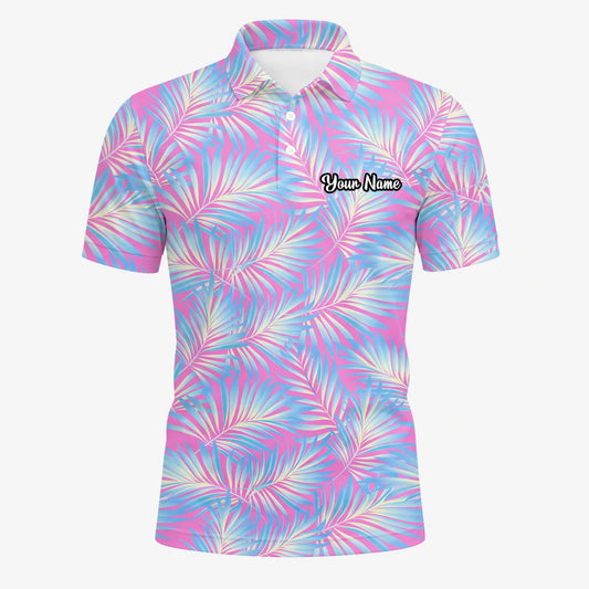 Personalised Pink Blue Palm Leaf Golf Polo Shirt For Men F1458
