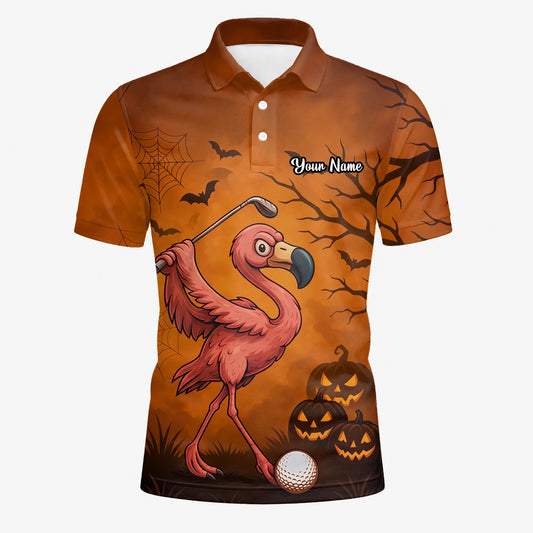 Personalised Orange Halloween Flamingo Golfer Pumpkin Golf Polo Shirt For Men V7072