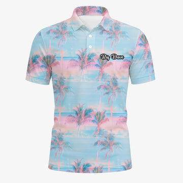 Personalised Pastel Blue Pink Palm Sunset Golf Polo Shirt For Men G4431