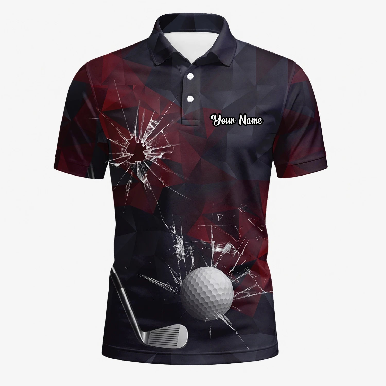 Personalised Black Burgundy Shattered Glass Golf Ball Golf Polo Shirt For Men R4354