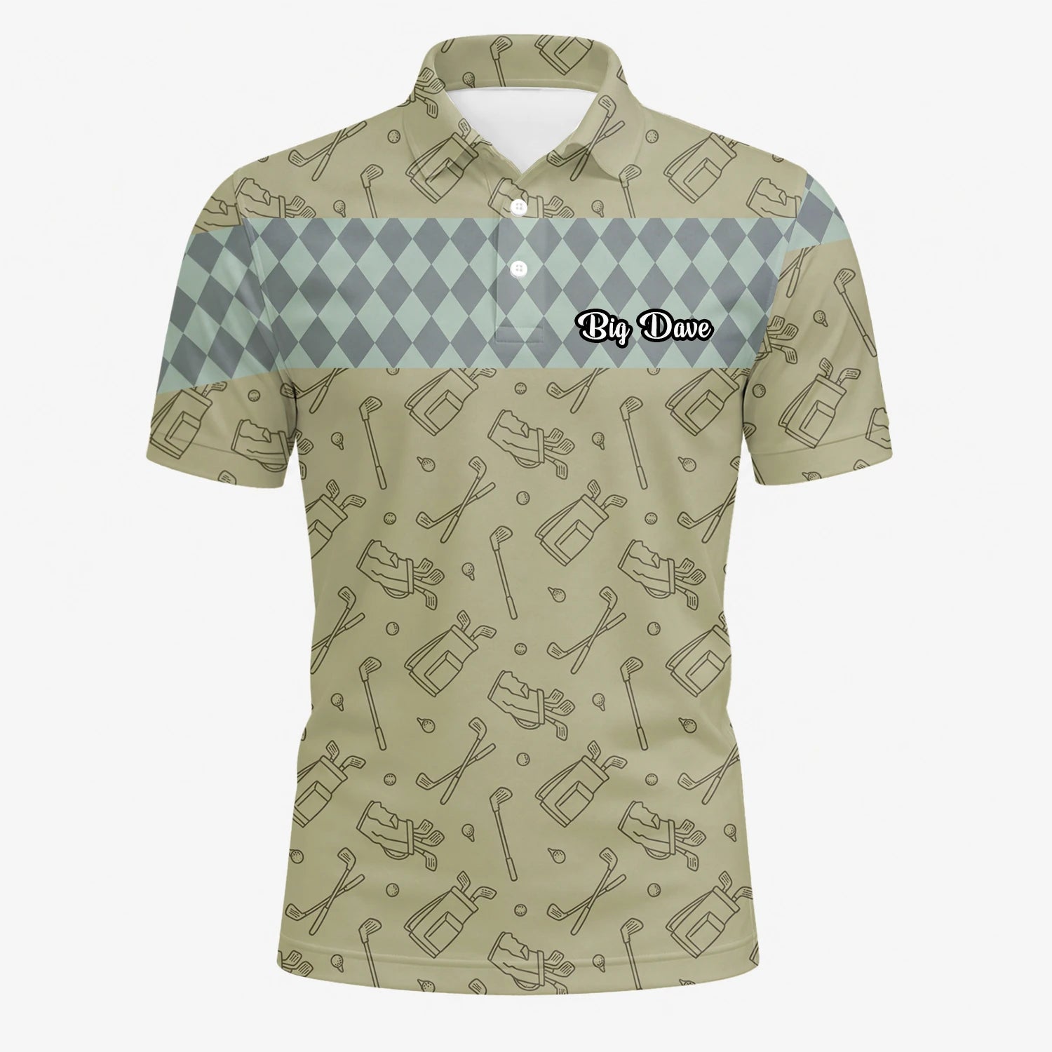 Personalised Khaki Golf Club Sketch Argyle Golf Polo Shirt For Men K5983