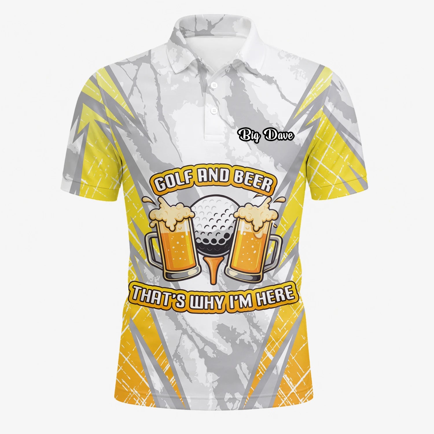 Personalised Grey Yellow Golf And Beer Slogan Golf Polo Shirt For Men P2319