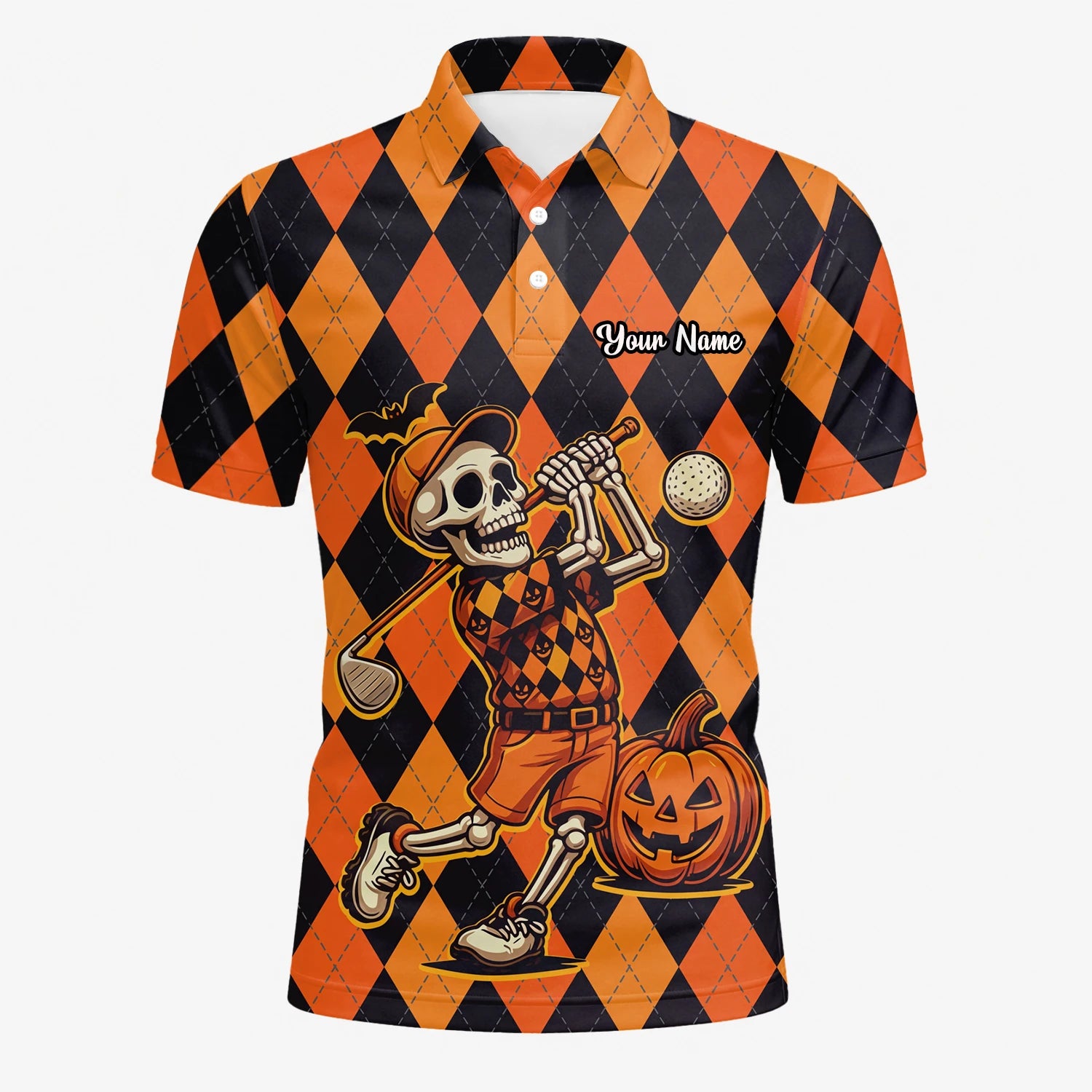 Personalised Orange Black Halloween Skeleton Golfer Argyle Golf Polo Shirt For Men I4585