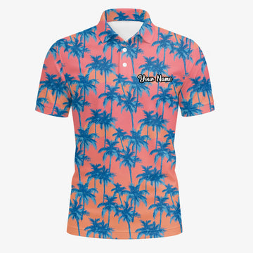 Personalised Coral Pink Blue Palm Tree Golf Polo Shirt For Men A5845